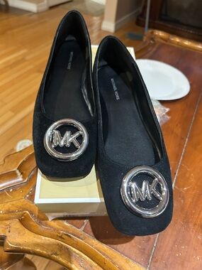Michael Kors Black Suede MK Medallion Flats Great Condition